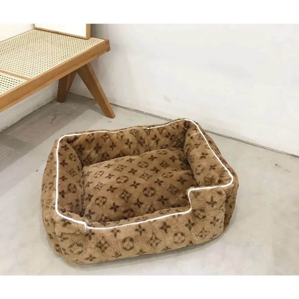 Plush Cushioned Nesting Dog Bed Raised Sides, Brown Pattern, S